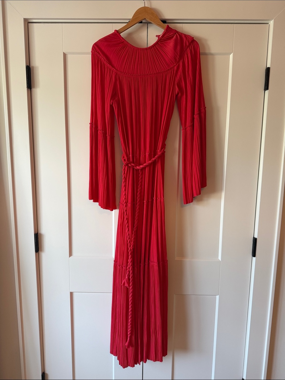 A.L.C. Bright Red Pleated Maxi Dress with Braided Waist